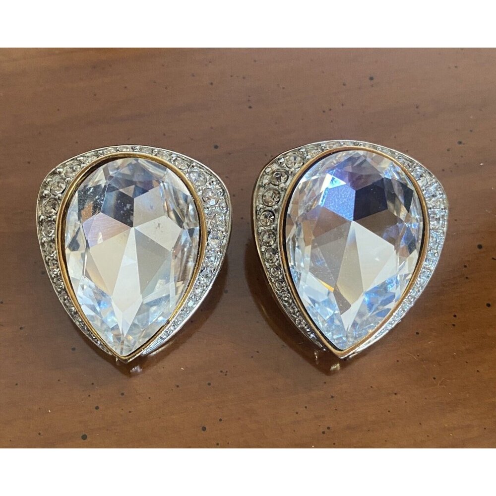 Vintage Large Faceted Crystal Clip On Craft Earrings